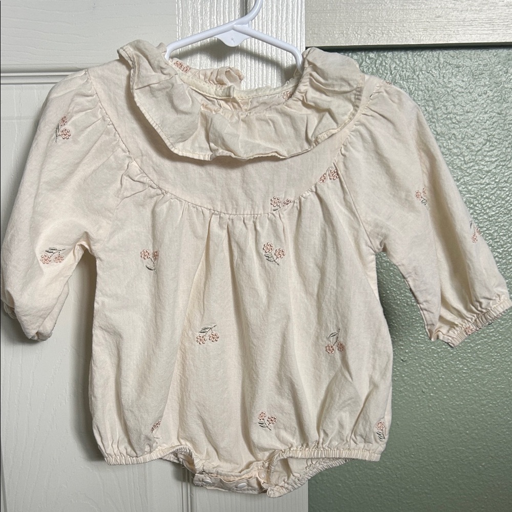 Cream Baby Romper with Floral Embroidery